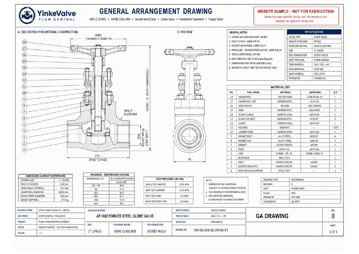API 602 Forged Steel Globe Valve GA Drawing preview