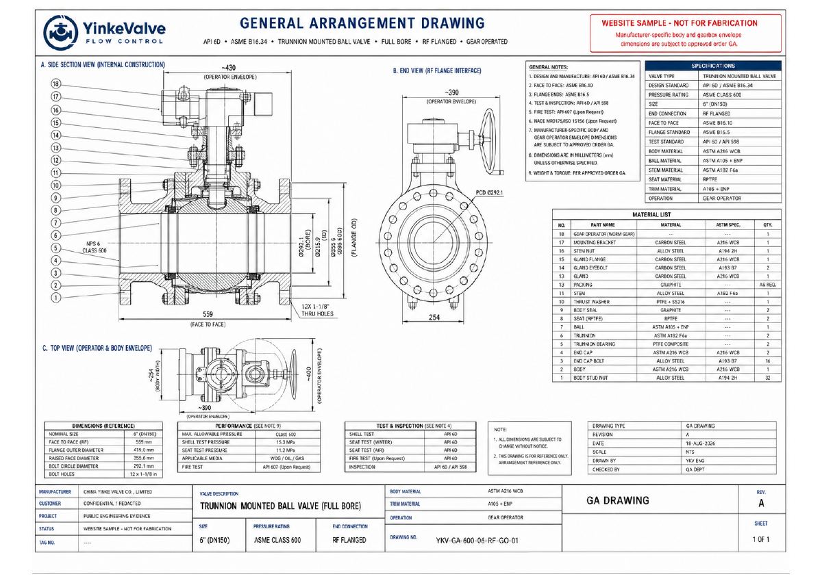 API 6D Trunnion Mounted Ball Valve GA Drawing preview